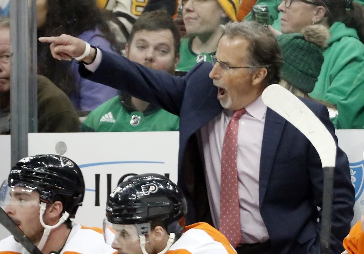 Mar 11, 2023; Pittsburgh, Pennsylvania, USA; Philadelphia Flyers head coach John Tortorella  reacts on the bench against the Pittsburgh Penguins during the third period at PPG Paints Arena.  Pittsburgh won 5-1.