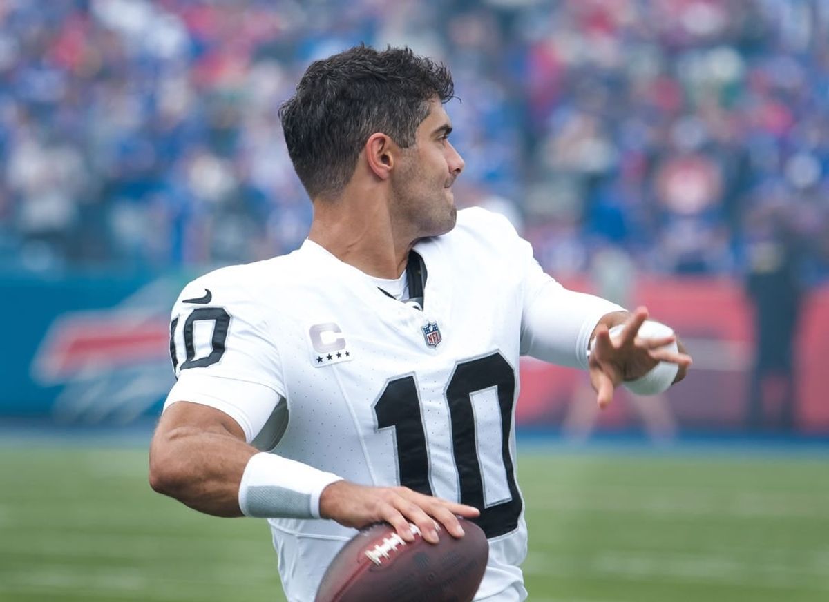 Sep 17, 2023; Orchard Park, New York, USA; Las Vegas Raiders quarterback Jimmy Garoppolo (10) warms up before a game against the Buffalo Bills at Highmark Stadium.