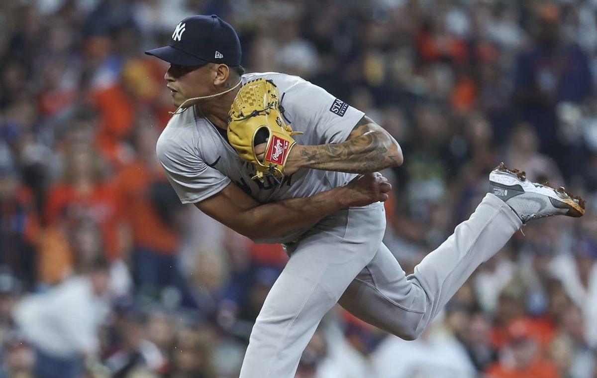 Mar 28, 2024; Houston, Texas, USA; New York Yankees relief pitcher Jonathan Loaisiga (43) during the sixth inning against the Houston Astros at Minute Maid Park.