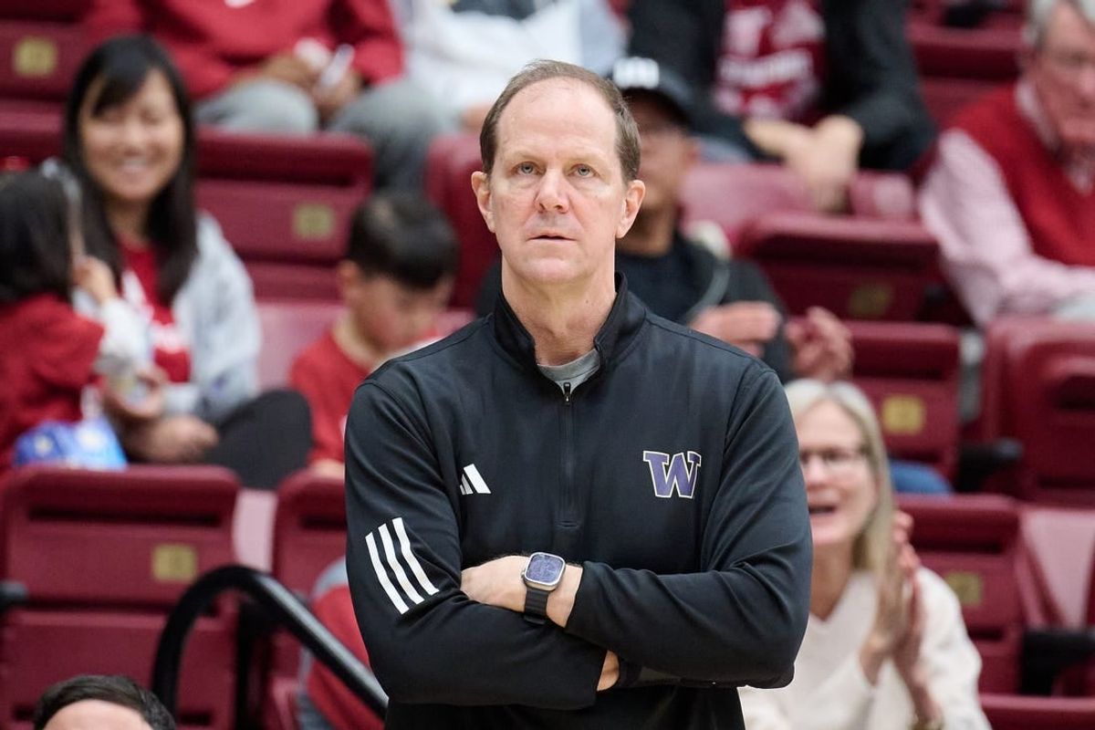 Jan 20, 2024; Stanford, California, USA; Washington Huskies head coach Mike Hopkins watches the play against the Stanford Cardinal during the first half at Maples Pavilion.