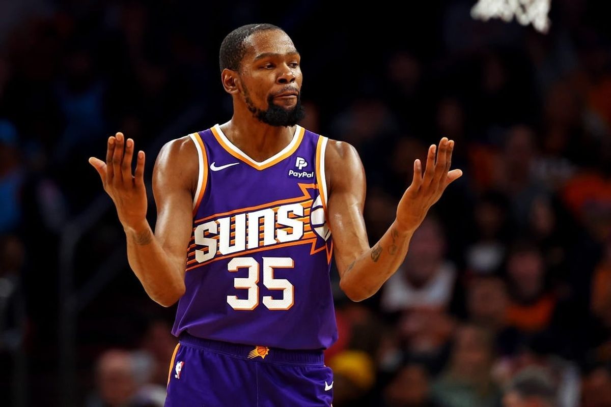Mar 3, 2024; Phoenix, Arizona, USA; Phoenix Suns forward Kevin Durant (35) reacts to a play during the third quarter of the game against the Oklahoma City Thunder at Footprint Center.