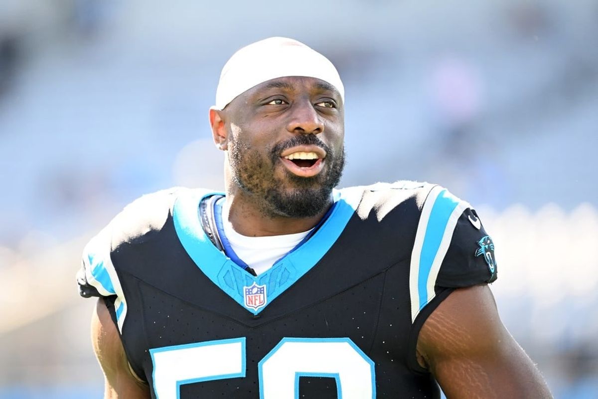 Oct 29, 2023; Charlotte, North Carolina, USA; Carolina Panthers linebacker Justin Houston (50) during warm up at Bank of America Stadium.