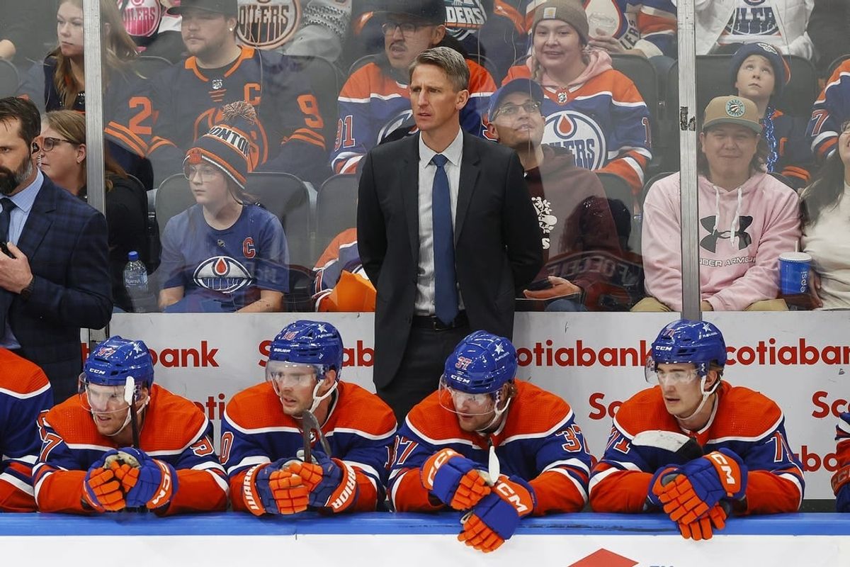 Nov 13, 2023; Edmonton, Alberta, CAN; Edmonton Oilers Head Coach Kris Knoblauch looks on against the New York Islanders at Rogers Place.