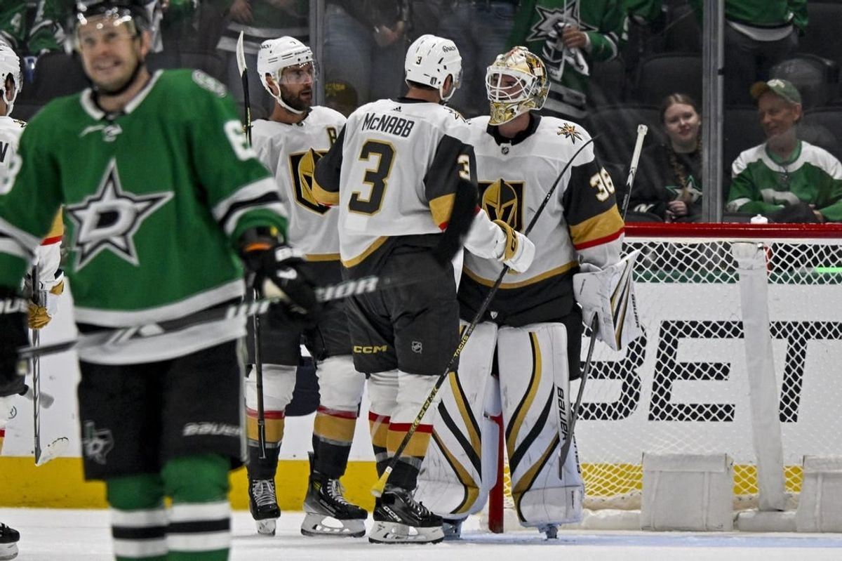 Apr 24, 2024; Dallas, Texas, USA; Vegas Golden Knights center Tomas Hertl (48) and goaltender Logan Thompson (36) and defenseman Chris Tanev (3) celebrate the win over the Dallas Stars in game two of the first round of the 2024 Stanley Cup Playoffs at American Airlines Center.