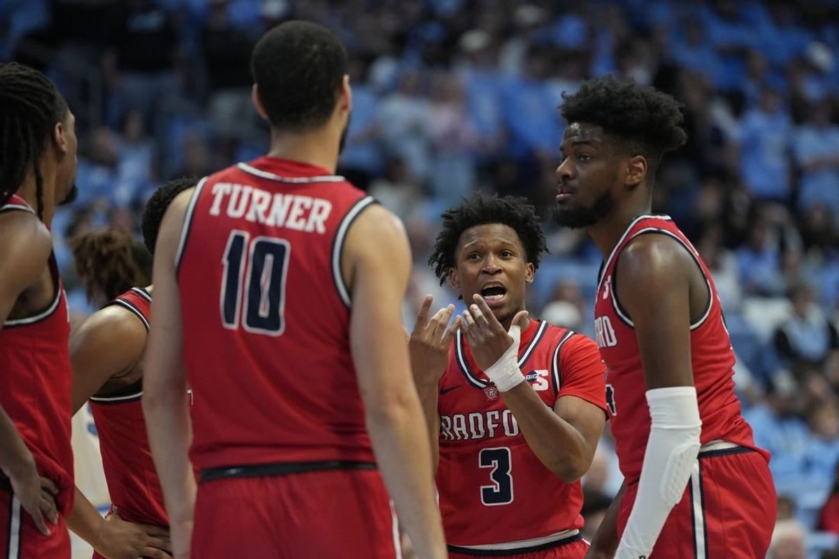 Nov 6, 2023; Chapel Hill, North Carolina, USA; Radford Highlanders guard Kenyon Giles (3) talks to the team in the huddle in the second half at Dean E. Smith Center.