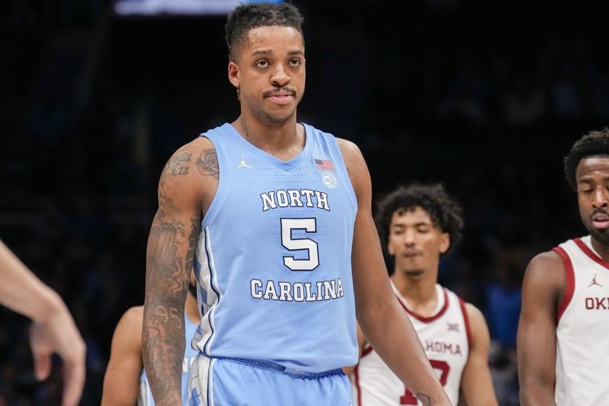 Dec 20, 2023; Charlotte, North Carolina, USA; North Carolina Tar Heels forward Armando Bacot (5) at the free throw line during the second half against the Oklahoma Sooners at Spectrum Center.