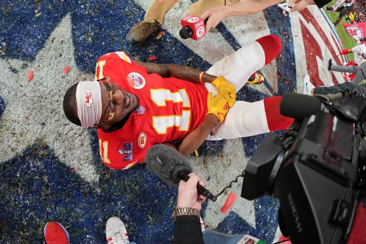 Feb 11, 2024; Paradise, Nevada, USA; Kansas City Chiefs wide receiver Marquez Valdes-Scantling (11) celebrates after winning Super Bowl LVIII against the San Francisco 49ersat Allegiant Stadium.
