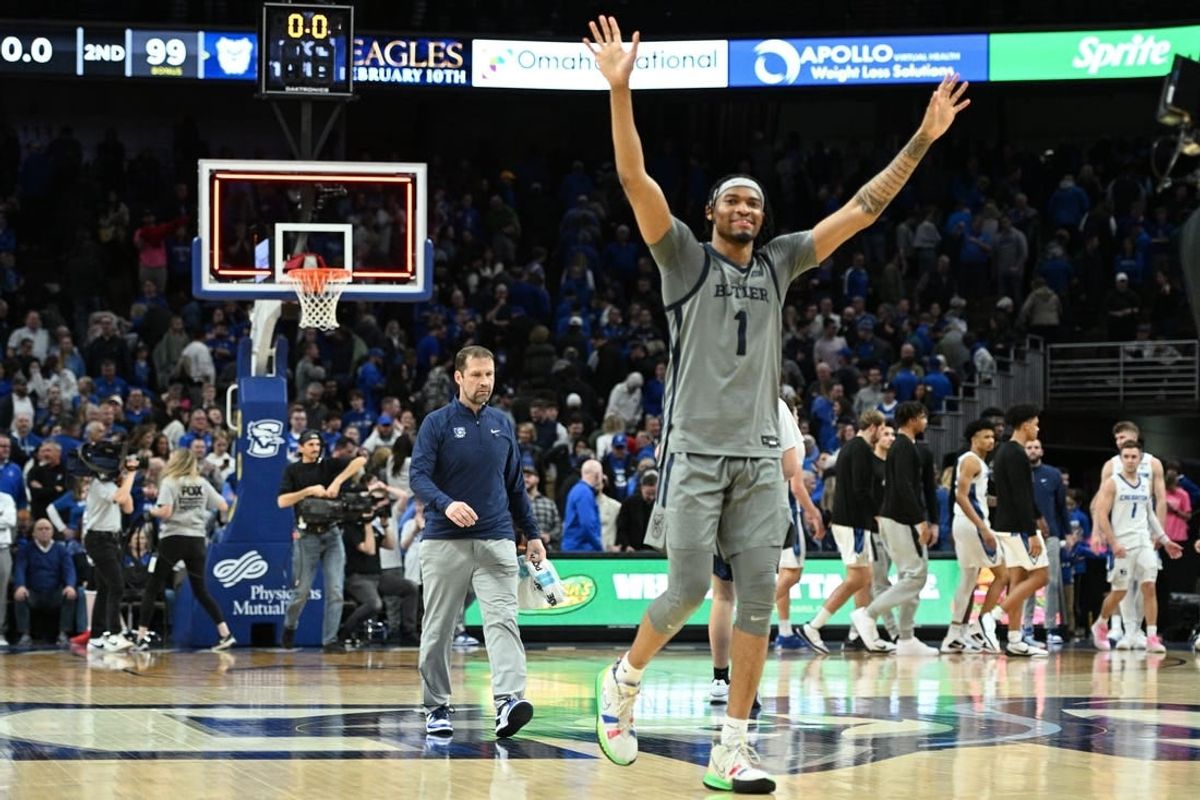 Feb 2, 2024; Omaha, Nebraska, USA; Butler Bulldogs forward Jalen Thomas (1) celebrates the win against the Creighton Bluejays in the second half at CHI Health Center Omaha.