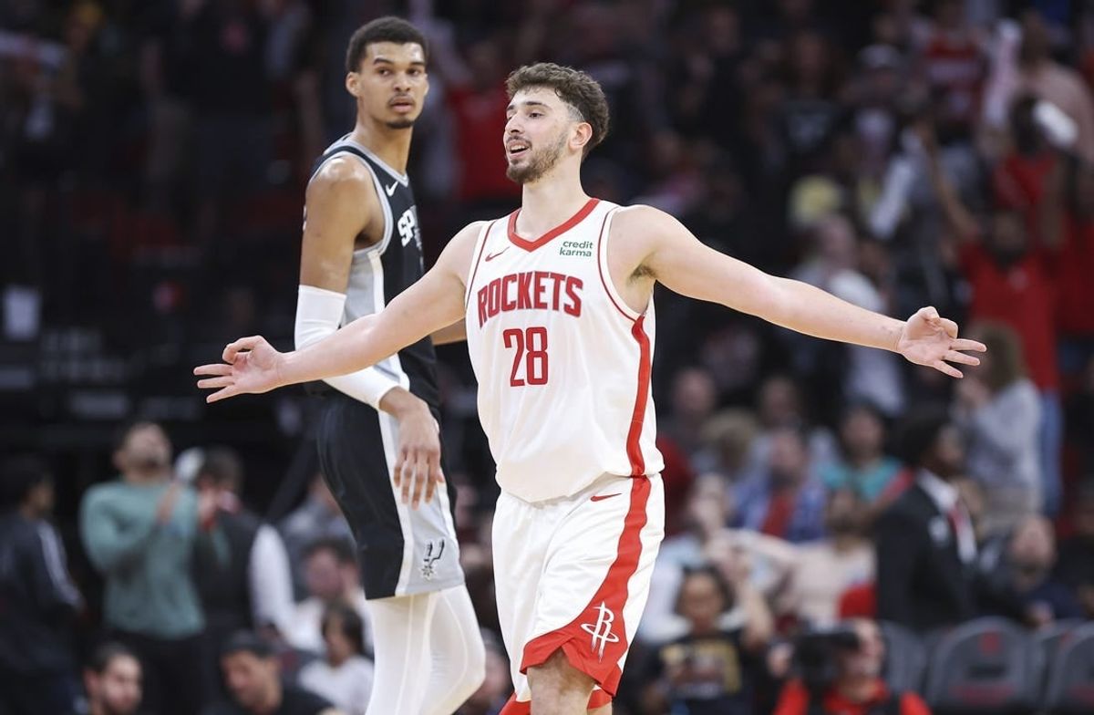 Mar 5, 2024; Houston, Texas, USA; Houston Rockets center Alperen Sengun (28) celebrates after scoring a basket during the fourth quarter against the San Antonio Spurs at Toyota Center.
