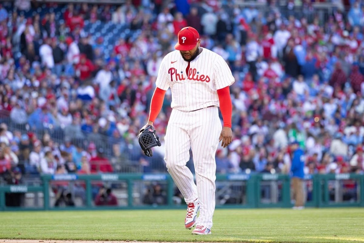Mar 29, 2024; Philadelphia, Pennsylvania, USA; Philadelphia Phillies relief pitcher Jose Alvarado (46) walks back to the dugout after being relieved in the eighth inning against the Atlanta Braves at Citizens Bank Park.
