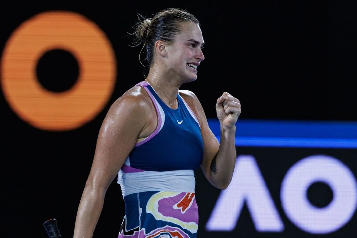 Jan 28, 2023; Melbourne, Victoria, Australia; Aryna Sabalenka of Belarus celebrates after her victory over Elena Ribakina of Kazakhstan in the women   s singles final on day thirteen of the 2023 Australian Open tennis tournament at Melbourne Park.