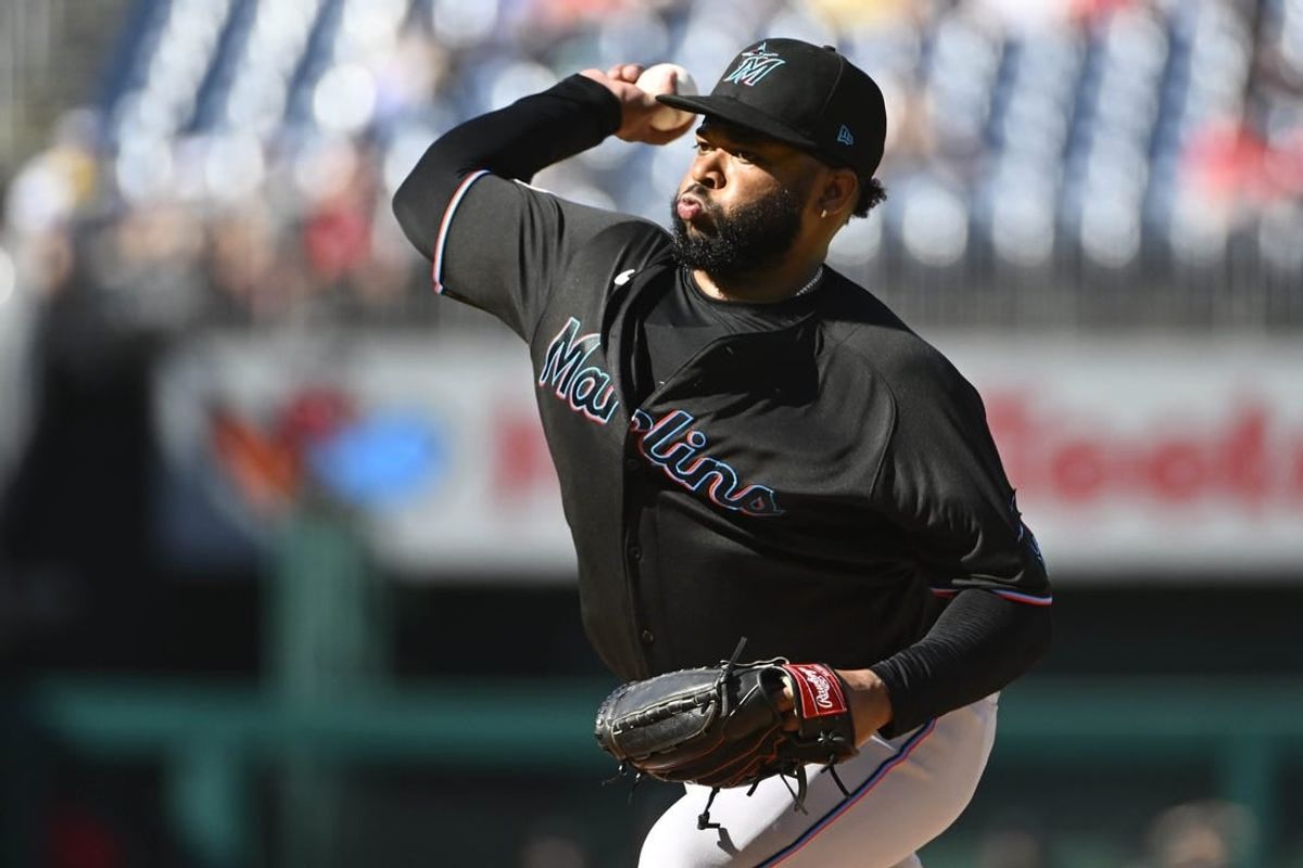 Sep 2, 2023; Washington, District of Columbia, USA; Miami Marlins starting pitcher Johnny Cueto (47) throws to the Washington Nationals during the first inning at Nationals Park.