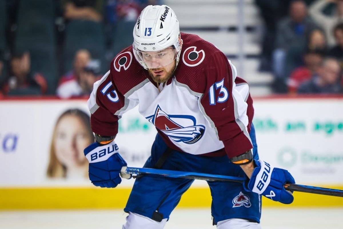 Mar 12, 2024; Calgary, Alberta, CAN; Colorado Avalanche right wing Valeri Nichushkin (13) during the face off against the Calgary Flames during the third period at Scotiabank Saddledome.