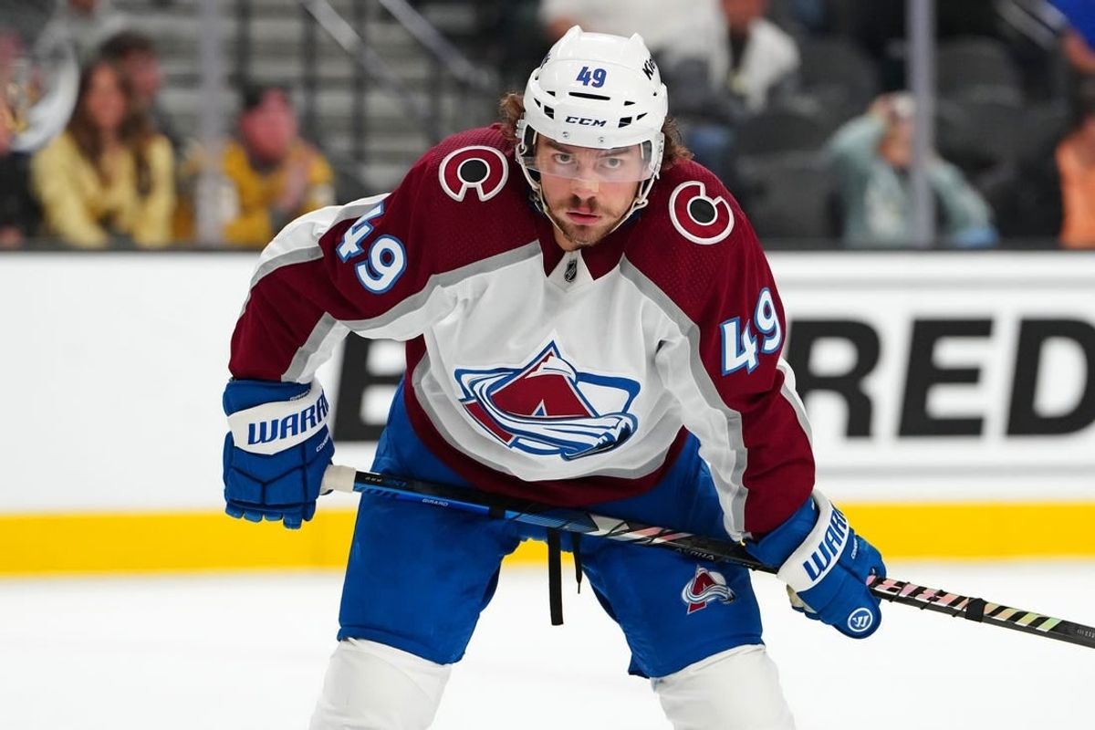 Nov 4, 2023; Las Vegas, Nevada, USA; Colorado Avalanche defenseman Samuel Girard (49) awaits a face off against the Vegas Golden Knights during the first period at T-Mobile Arena.
