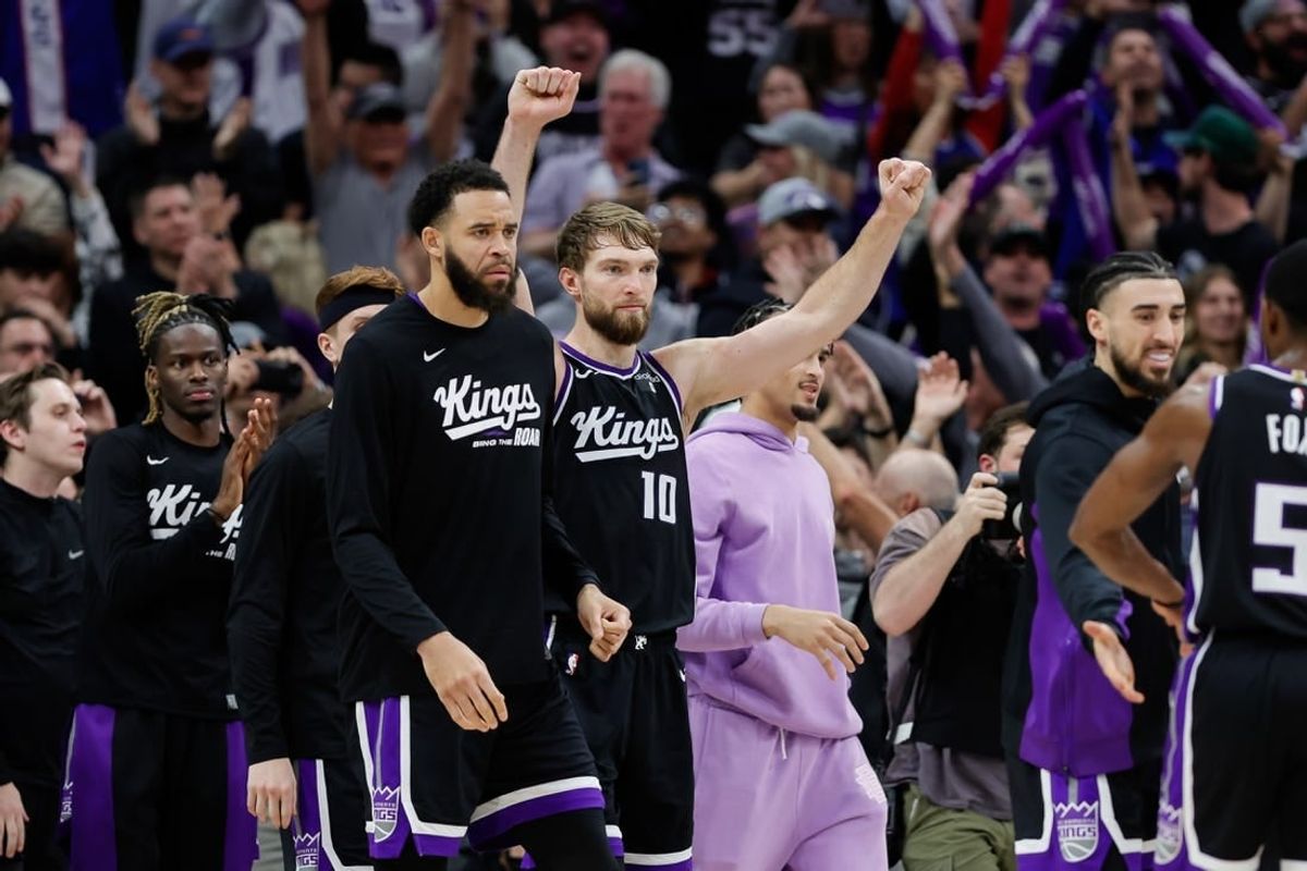 Jan 3, 2024; Sacramento, California, USA; Sacramento Kings forward Domantas Sabonis (10) celebrates after the game against the Orlando Magic at Golden 1 Center.
