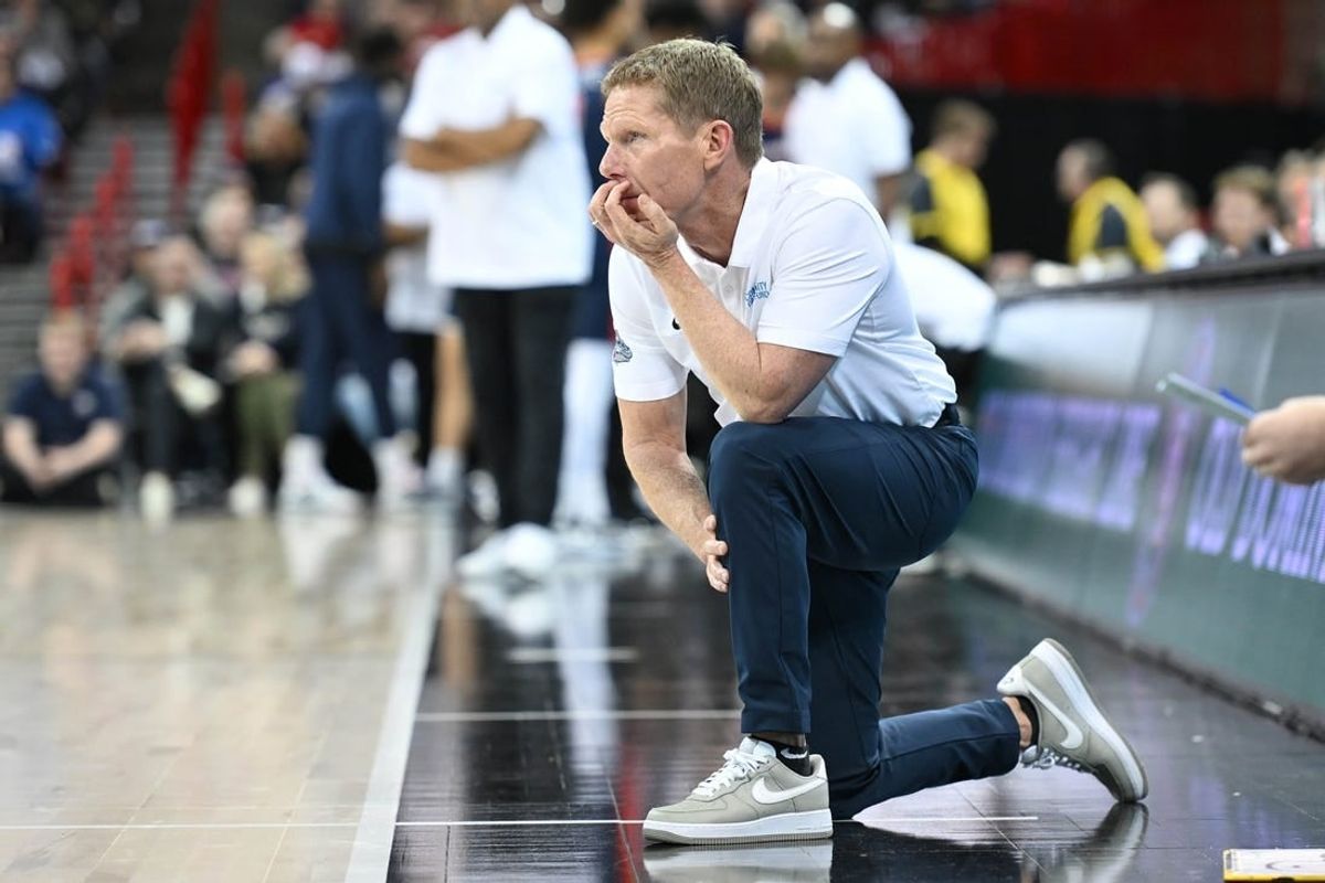 Jan 4, 2024; Spokane, Washington, USA; Gonzaga Bulldogs head coach Mark Few looks on during a game against the Pepperdine Waves in the first half at Spokane Arena.