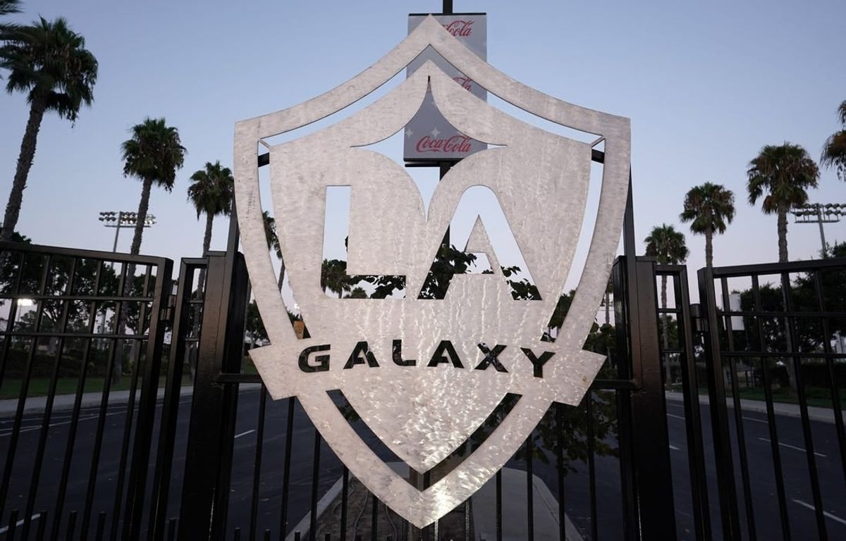 Aug 26, 2020; Carson, California, USA; A general view of LA Galaxy logo at the locked gates at Dignity Health Sports Park after the MLS game against the Seattle Sounders was postponed have been postponed in the wake of protests following the police shooting of Jacob Blake in Kenosha, Wisconsin.