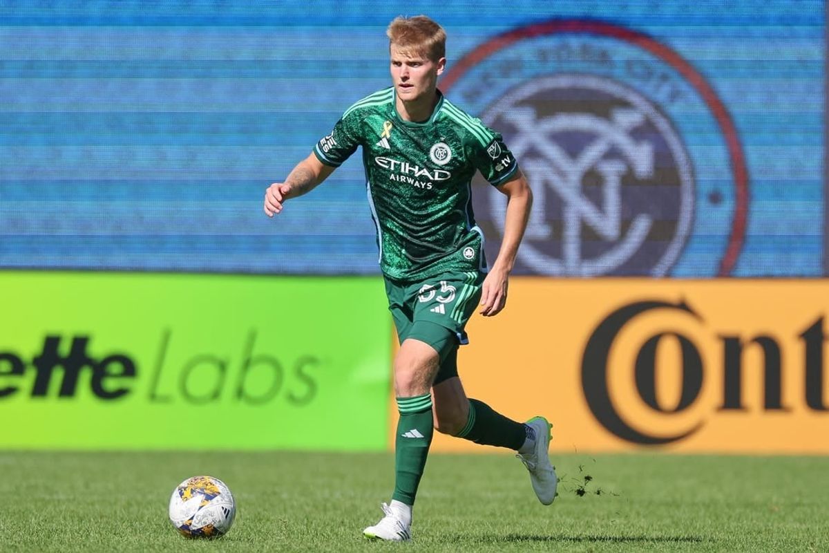 Sep 2, 2023; New York, New York, USA; New York City FC midfielder Keaton Parks (55) controls the ball against the Vancouver Whitecaps during the first half at Yankee Stadium.
