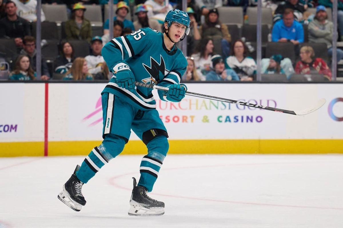 Jan 27, 2024; San Jose, California, USA; San Jose Sharks defenseman Shakir Mukhamadullin (85) skates against the Buffalo Sabres during the third period at SAP Center at San Jose.