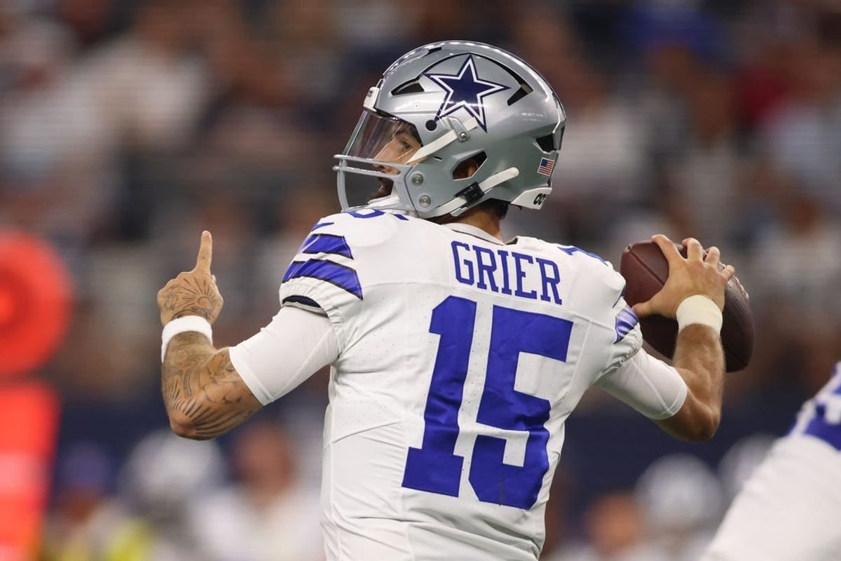 Aug 26, 2023; Arlington, Texas, USA; Dallas Cowboys quarterback Will Grier (15) throws a pass in the first quarter against the Las Vegas Raiders at AT&T Stadium.