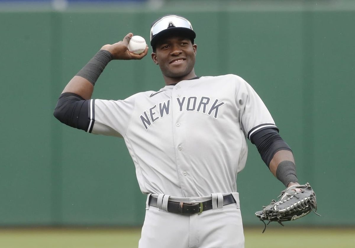 Sep 17, 2023; Pittsburgh, Pennsylvania, USA; New York Yankees center fielder Estevan Florial (90) warms up before the game against the Pittsburgh Pirates at PNC Park.