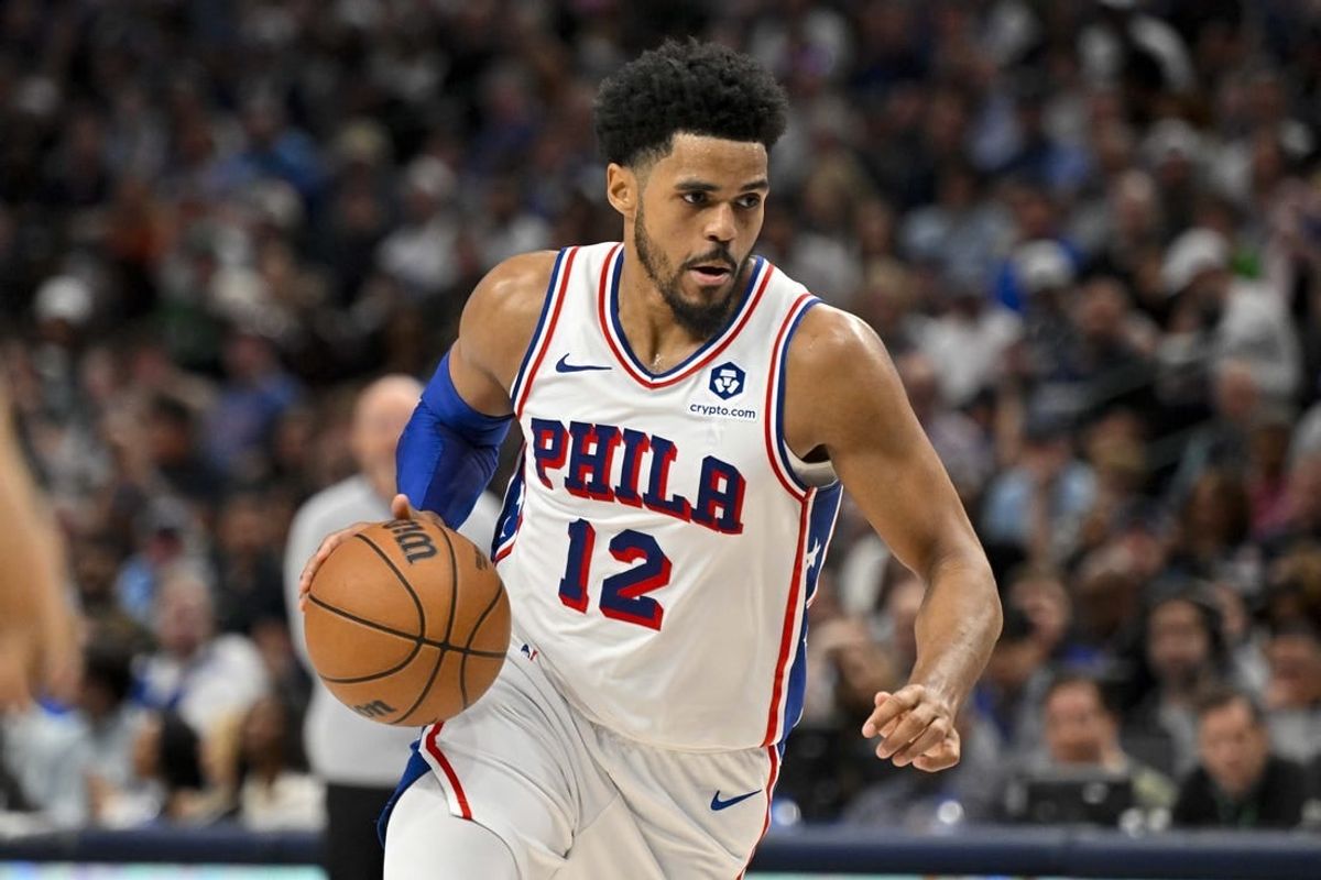 Mar 3, 2024; Dallas, Texas, USA; Philadelphia 76ers forward Tobias Harris (12) drives to the basket against the Dallas Mavericks during the first half at the American Airlines Center.