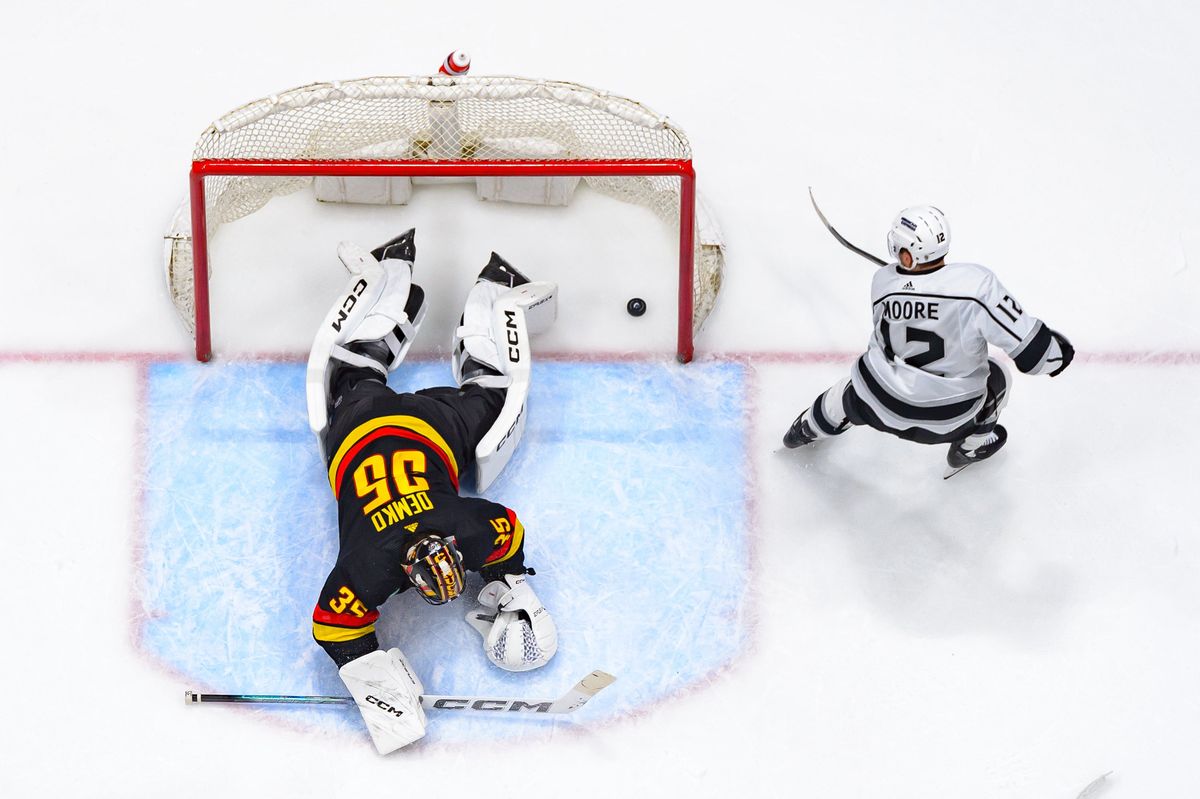 VANCOUVER, CANADA - FEBRUARY 29: Trevor Moore #12 of the Los Angeles Kings scores a goal on Thatcher Demko #35 of the Vancouver Canucks during the third period of their NHL game at Rogers Arena on February 29, 2024 in Vancouver, British Columbia, Canada. (Photo by Derek Cain/Getty Images)