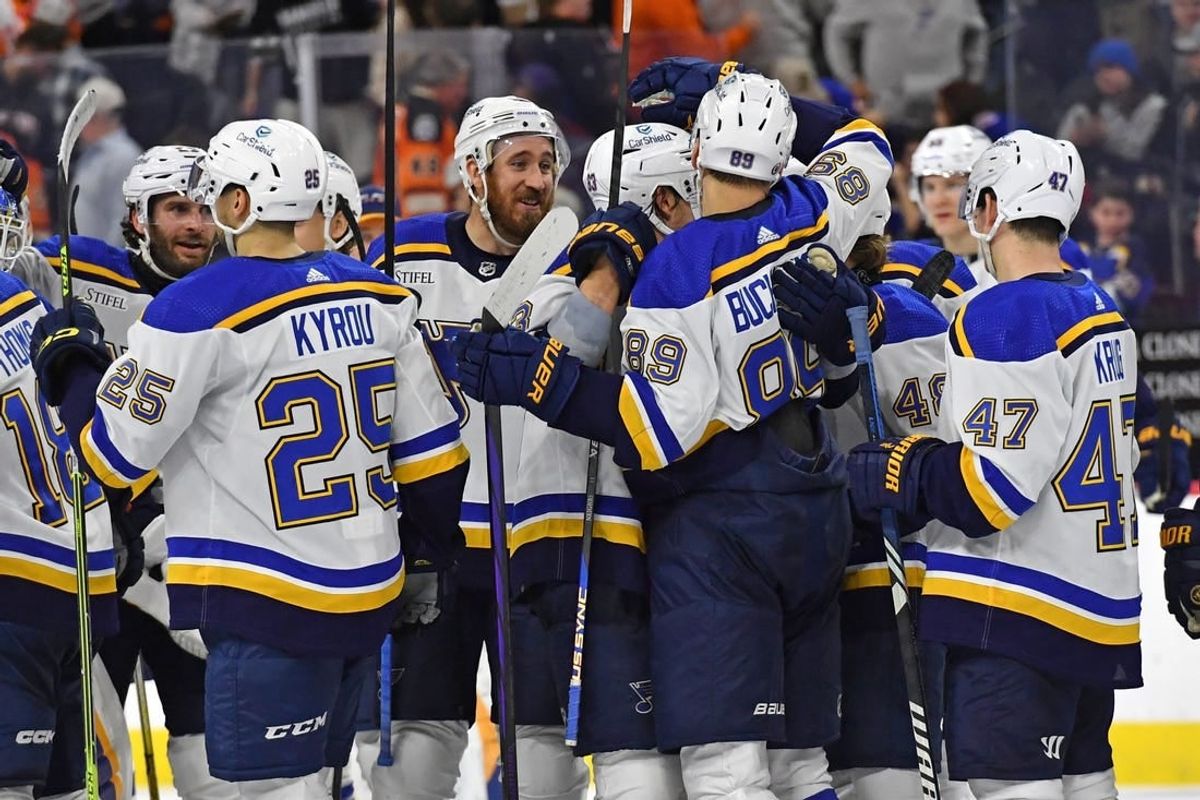 Mar 4, 2024; Philadelphia, Pennsylvania, USA; St. Louis Blues left wing Pavel Buchnevich (89) celebrates his game-winning goal with teammates in the shootout against the Philadelphia Flyers at Wells Fargo Center.