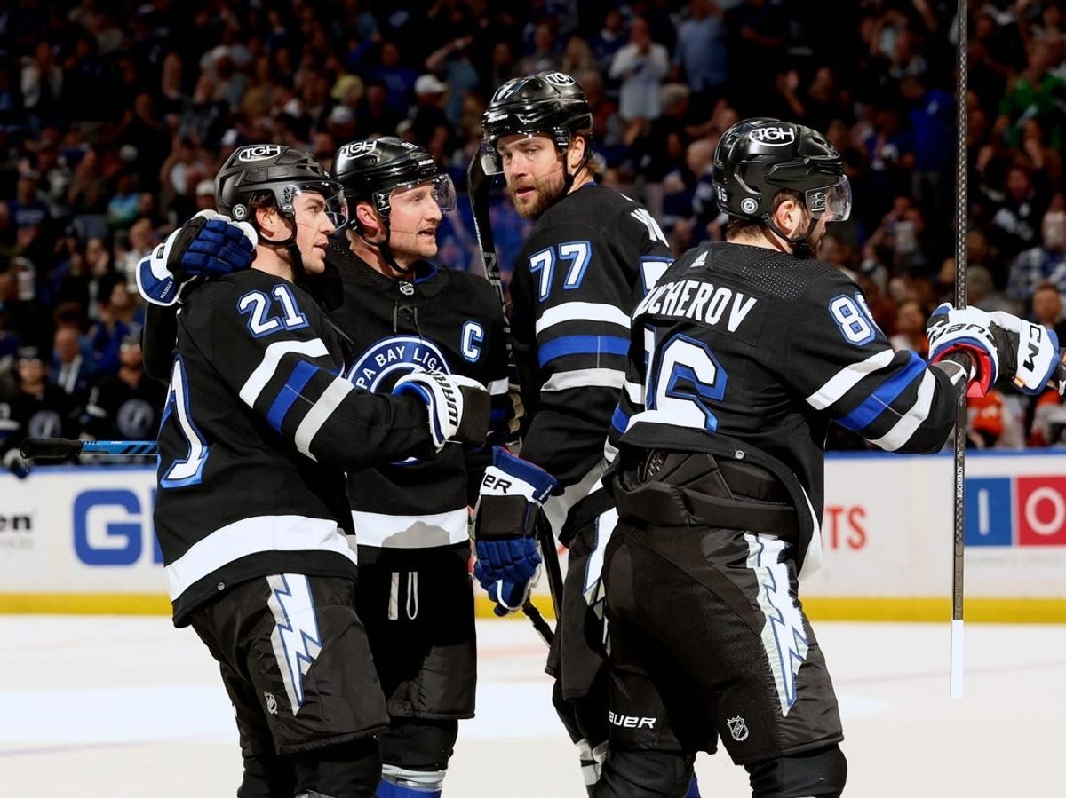 Mar 9, 2024; Tampa, Florida, USA; Tampa Bay Lightning center Brayden Point (21) celebrates after scoring a goal against the Philadelphia Flyers during the first period at Amalie Arena.