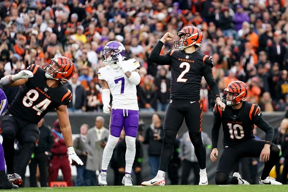 Cincinnati Bengals place kicker Evan McPherson (2) reacts after kicking the game-winning field goal in the overtime period of a Week 15 NFL football game between the Minnesota Vikings and the Cincinnati Bengals, Saturday, Dec. 16, 2023, at Paycor Stadium in Cincinnati. The Cincinnati Bengals won 27-24 in overtime.