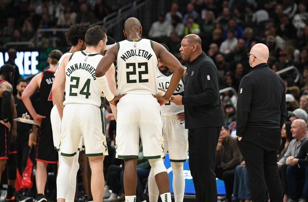 Apr 5, 2024; Milwaukee, Wisconsin, USA; Milwaukee Bucks coach Doc Rivers calls time out late in the second half against Toronto Raptors at Fiserv Forum.