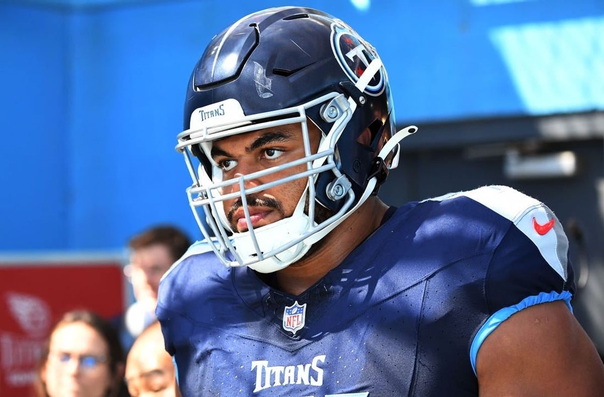Oct 1, 2023; Nashville, Tennessee, USA; Tennessee Titans offensive tackle Andre Dillard (71) waits to take the field before the game against the Cincinnati Bengals at Nissan Stadium.