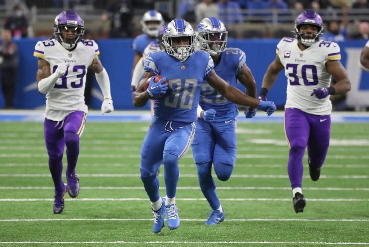Lions safety C.J. Moore runs back a fake punt against the Vikings during the second half of the Lions' 34-23 win over the Vikings on Sunday, Dec. 11, 2022, at Ford Field.

Lionsminn 121122 Kd 6007