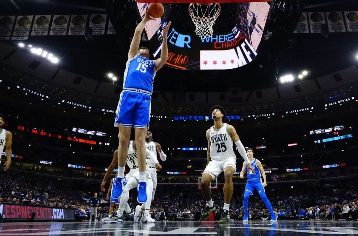 Duke Blue Devils center Ryan Young (15) scores against the Michigan State Spartans during the first half at United Center.