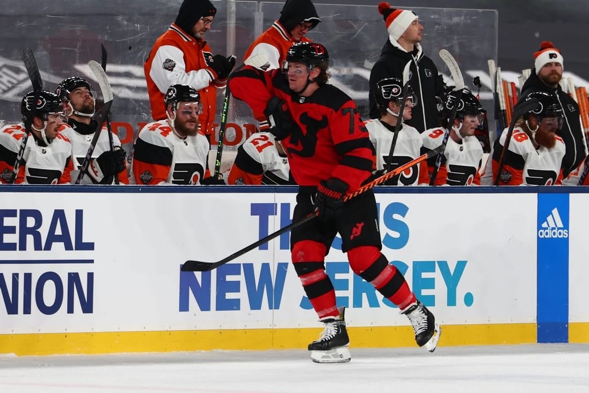 Feb 17, 2024; East Rutherford, New Jersey, USA; New Jersey Devils right wing Tyler Toffoli (73) celebrates his goal against the Philadelphia Flyers during the first period in a Stadium Series ice hockey game at MetLife Stadium.