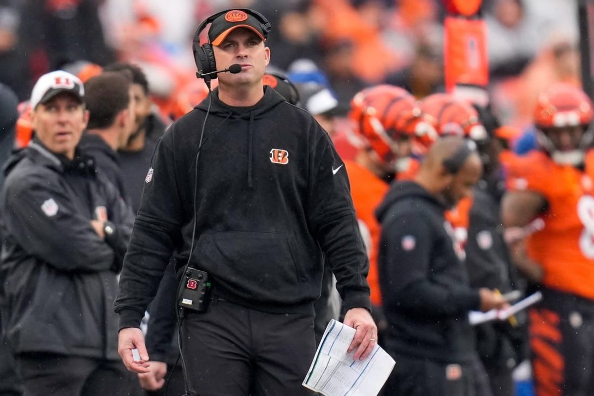 Cincinnati Bengals head coach Zac Taylor paces the sideline in the second quarter of the NFL Week 12 game between the Cincinnati Bengals and the Pittsburgh Steelers at Paycor Stadium in Cincinnati on Sunday, Nov. 26, 2023.