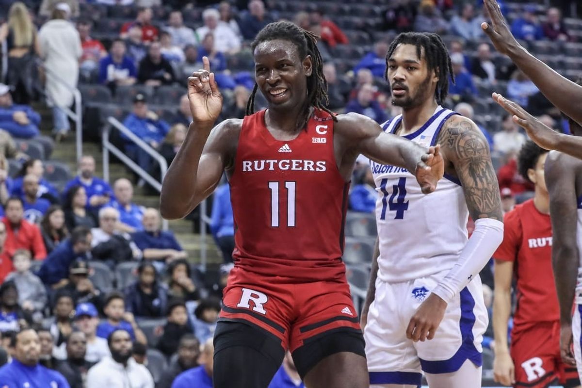 Dec 9, 2023; Newark, New Jersey, USA; Rutgers Scarlet Knights center Clifford Omoruyi (11) reacts after blocking shot in the second half against the Seton Hall Pirates at Prudential Center.