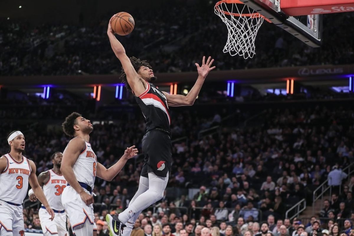 Jan 9, 2024; New York, New York, USA; Portland Trail Blazers guard Shaedon Sharpe (17) goes up for a dunk in the second quarter against the New York Knicks at Madison Square Garden.