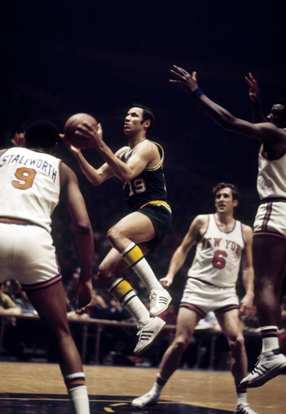 March 9, 1971; New York, NY, USA; FILE PHOTO; Seattle Supersonics guard Lenny Wilkens (19) in action against the New York Knicks at Madison Square Garden. Mandatory Credit: Manny Rubio-Imagn Images