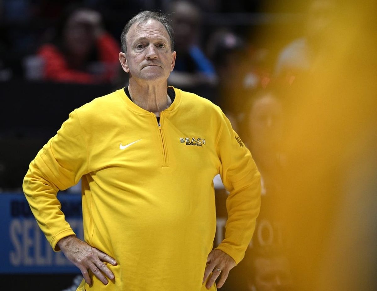 Nov 14, 2023; San Diego, California, USA; Long Beach State 49ers head coach Dan Monson looks on during the second half against the San Diego State Aztecs at Viejas Arena.