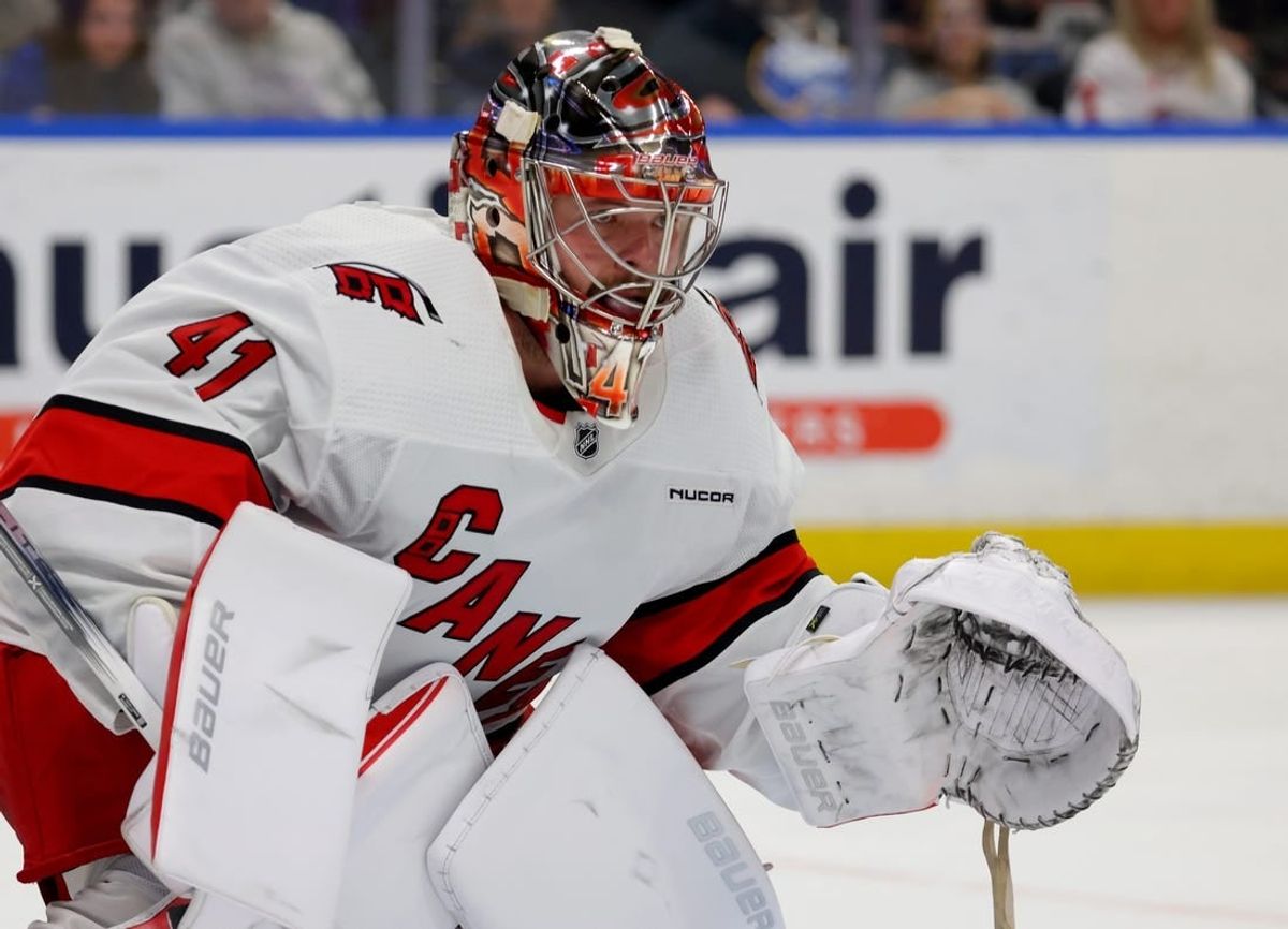 Feb 25, 2024; Buffalo, New York, USA;  Carolina Hurricanes goaltender Spencer Martin (41) looks to make a save during the second period against the Buffalo Sabres at KeyBank Center.