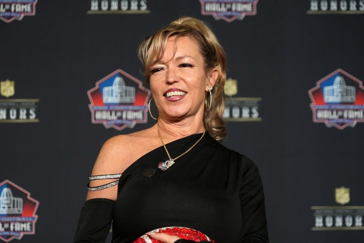 Feb 8, 2024; Las Vegas, NV, USA; Misty McMichael, the wife of Steve McMichael, during the Pro Football Hall of Fame Class of 2024 press conference at the Resorts World Theatre.