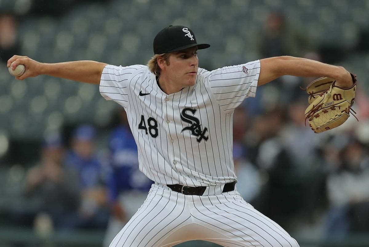 Apr 17, 2024; Chicago, Illinois, USA; Chicago White Sox starting pitcher Jonathan Cannon (48) throws the ball in the first inning of his MLB debut during game one of a double header against the Kansas City Royals at Guaranteed Rate Field.