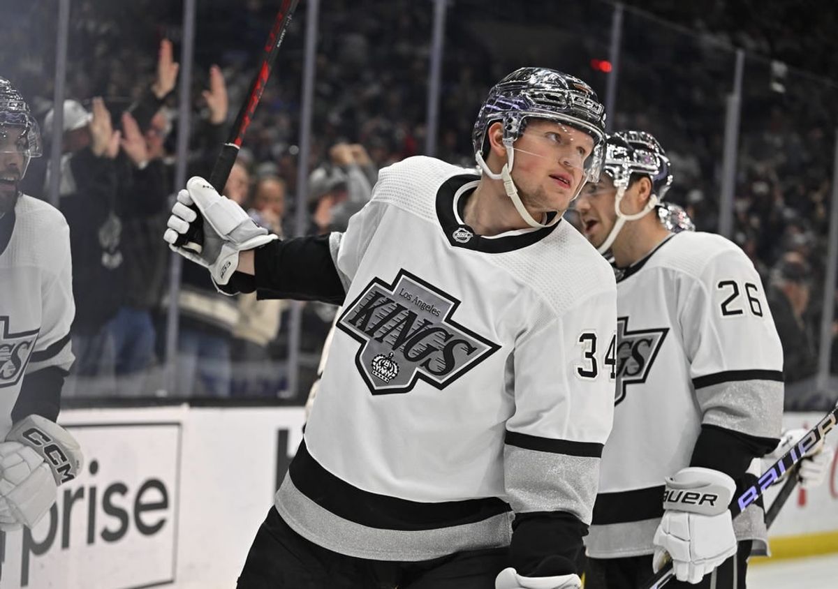Apr 10, 2023; Los Angeles, California, USA;  Los Angeles Kings right wing Arthur Kaliyev (34) celebrates after scoring a goal in the second period against the Vancouver Canucks at Crypto.com Arena.