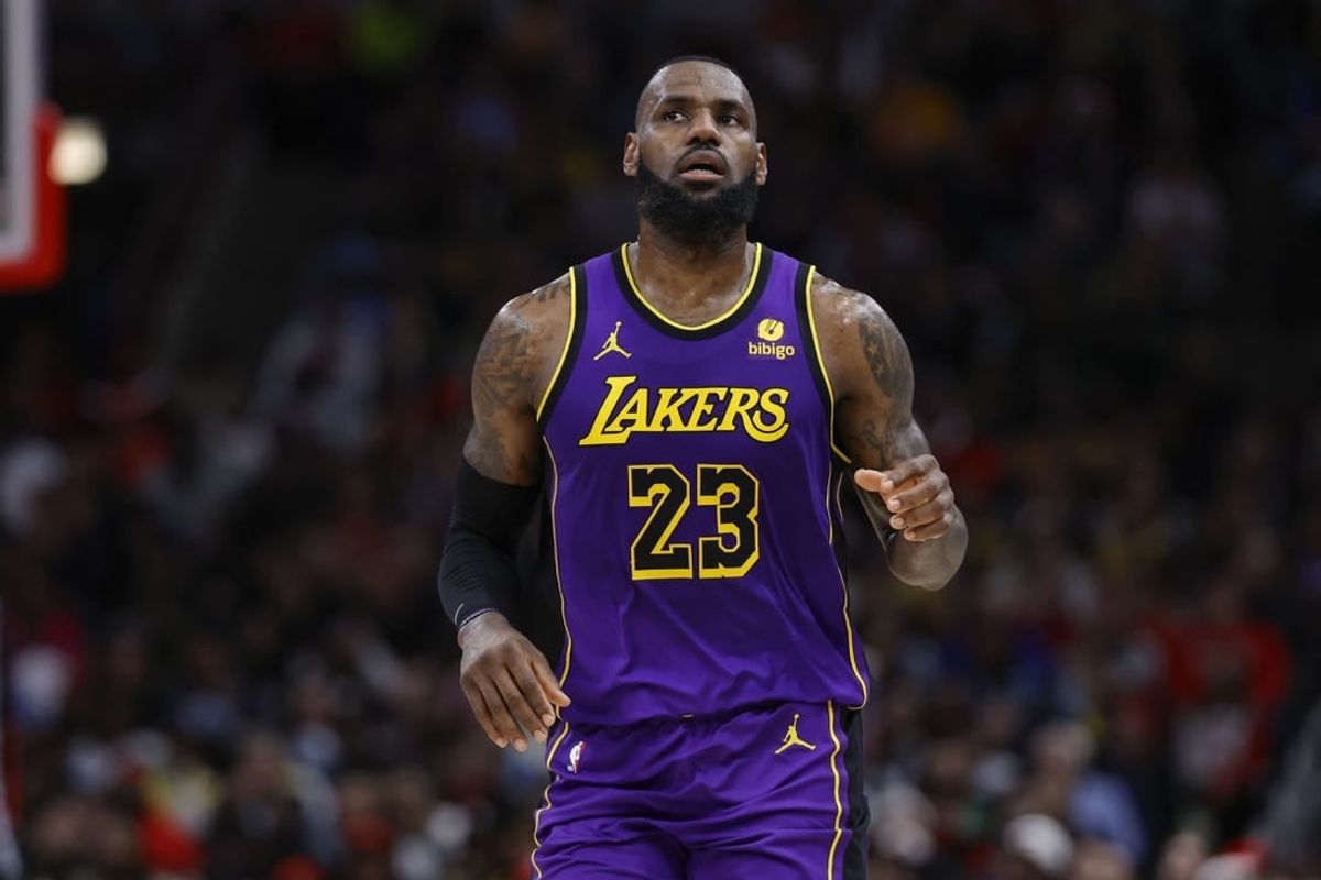 Dec 20, 2023; Chicago, Illinois, USA; Los Angeles Lakers forward LeBron James (23) looks on during the first half at United Center.