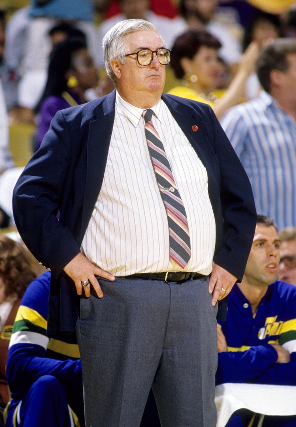 Unknown date 1988; Los Angeles, CA, USA: FILE PHOTO; Utah Jazz head coach Frank Layden on the sideline against the Los Angeles Lakers at the Great Western Forum. Mandatory Credit: MPS-Imagn Images