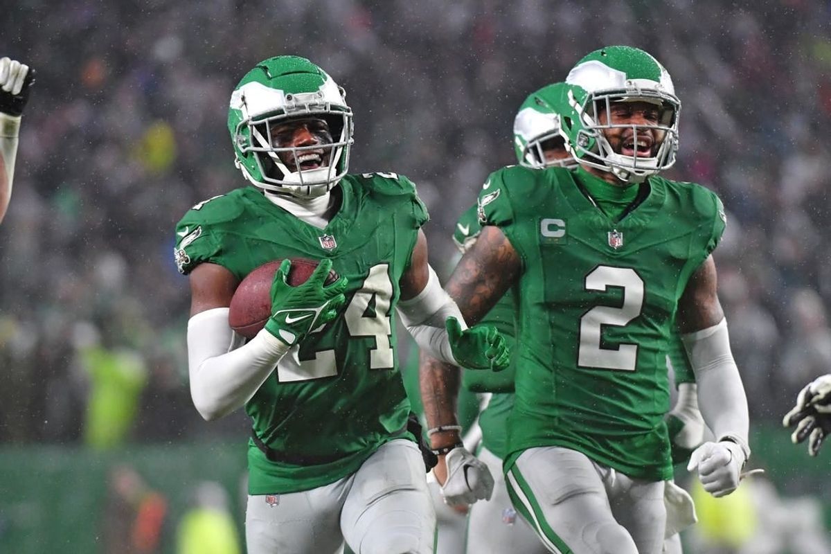 Nov 26, 2023; Philadelphia, Pennsylvania, USA; Philadelphia Eagles cornerback James Bradberry (24) celebrates his interception during the fourth quarter against the Buffalo Bills at Lincoln Financial Field.