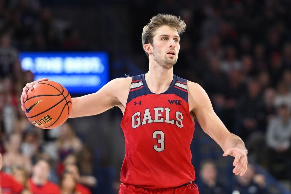Feb 3, 2024; Spokane, Washington, USA; St. Mary's Gaels guard Augustas Marciulionis (3) controls the ball against the Gonzaga Bulldogs in the second half at McCarthey Athletic Center.
