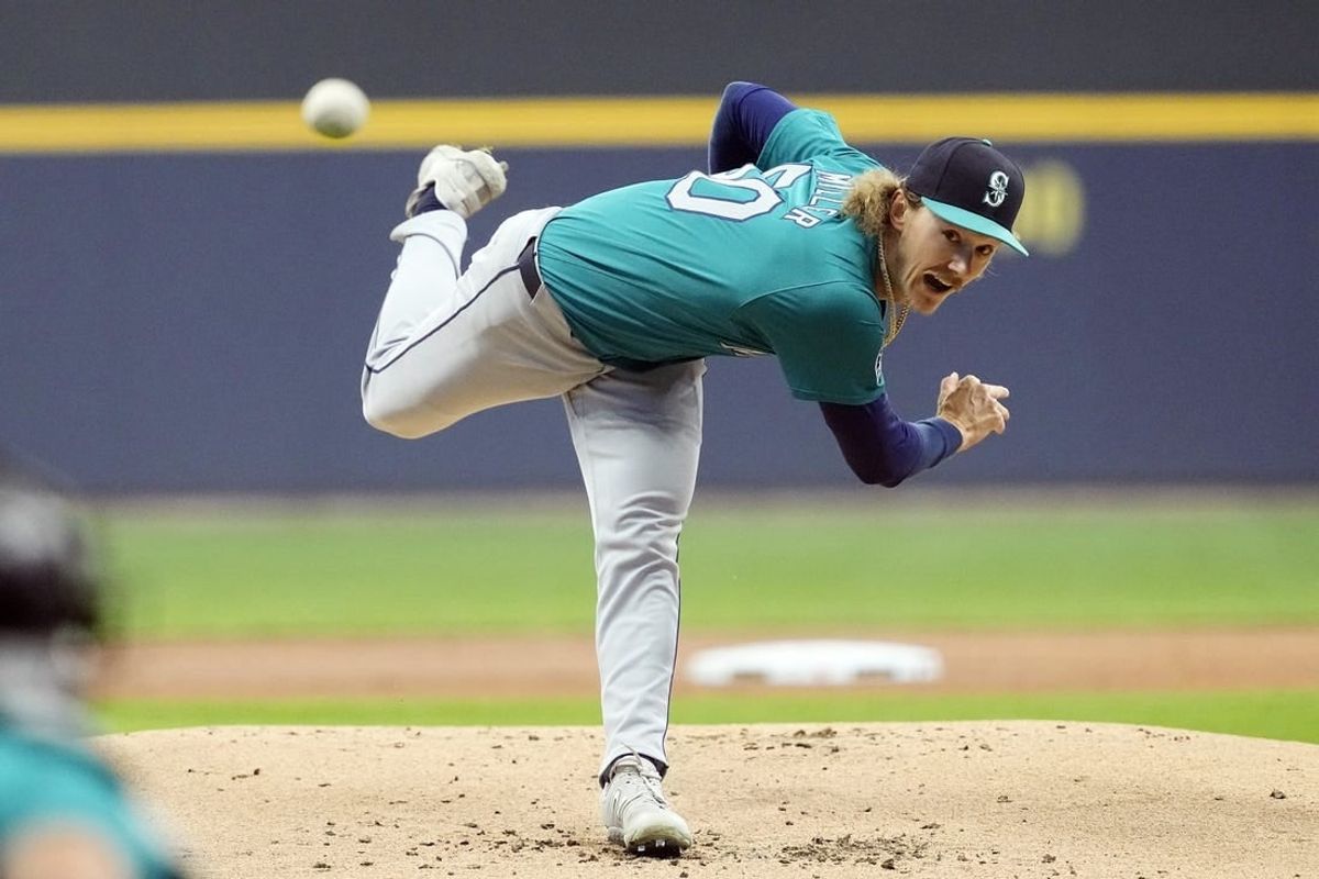 Apr 6, 2024; Milwaukee, Wisconsin, USA;  Seattle Mariners pitcher Bryce Miller (50) throws a pitch during the first inning against the Milwaukee Brewers at American Family Field.