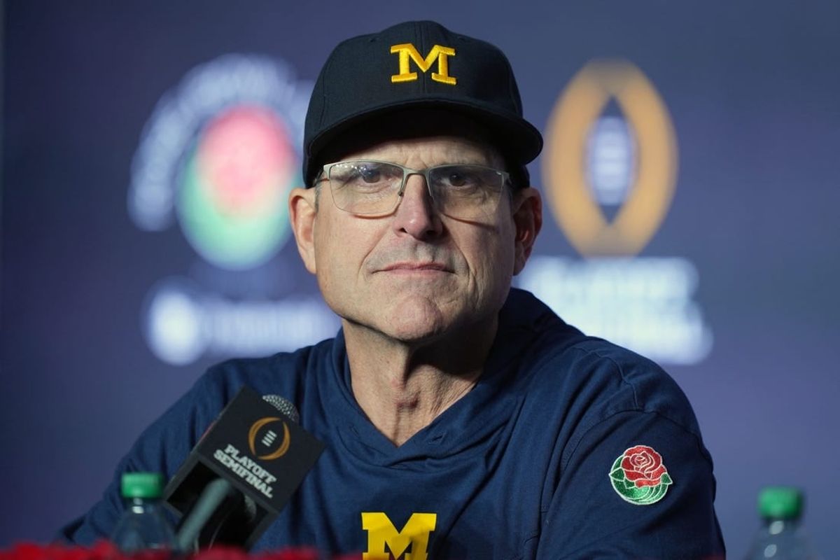 Jan 1, 2024; Pasadena, CA, USA; Michigan Wolverines head coach Jim Harbaugh speaks in a press conference after defeating the Alabama Crimson Tide in the 2024 Rose Bowl college football playoff semifinal game at Rose Bowl.